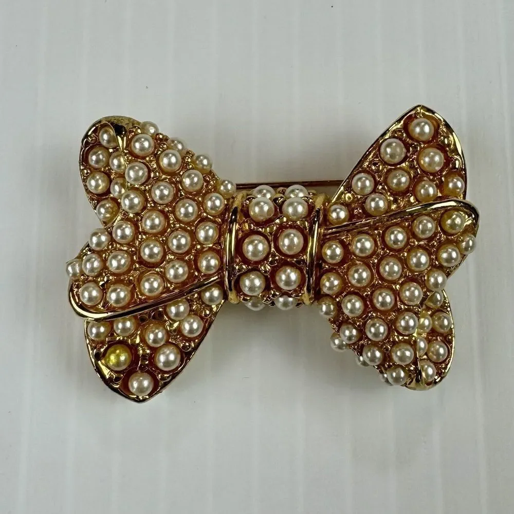 Vintage Faux Pearl Bow Brooch Gold Tone Coquette Ribbon Statement Pin Gift